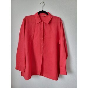 Eileen Fisher 100% Irish Linen Button-Front Blouse – Size S – Coral Red
